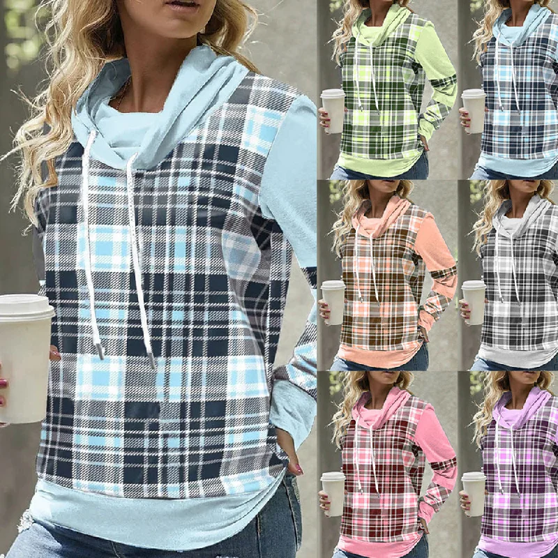 European And American Plaid Printed Long Sleeve Turtleneck Loose Casual Top Hoodies & Sweatshirts Combo