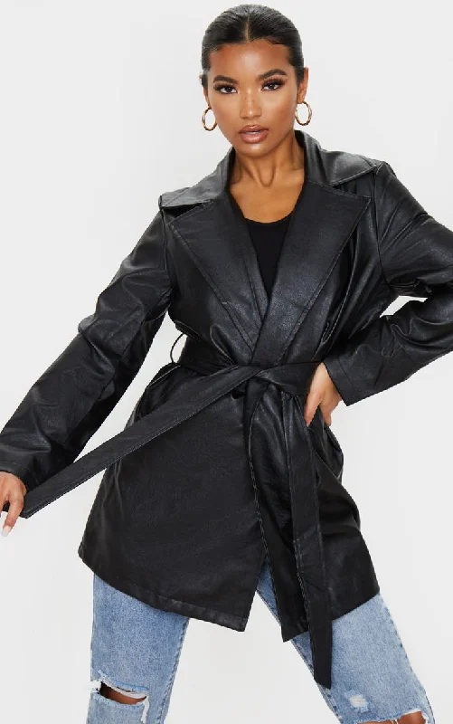 Black Faux Leather Tie Waist Shacket Women's H&M jackets