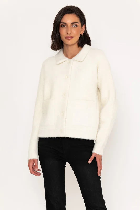 Fluffy Knitted Shacket in Ivory Women's softshell jackets