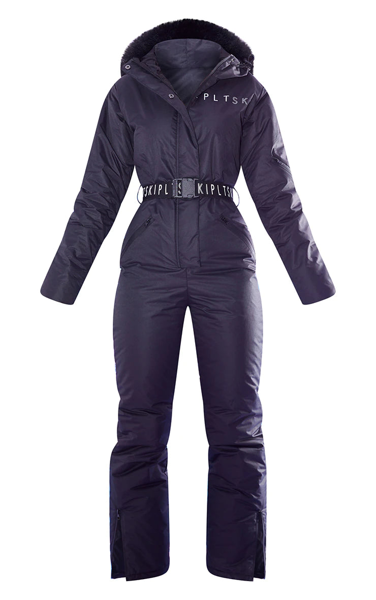 Ski Black Faux Fur Hooded Belted Snow Suit Women's waterproof jackets