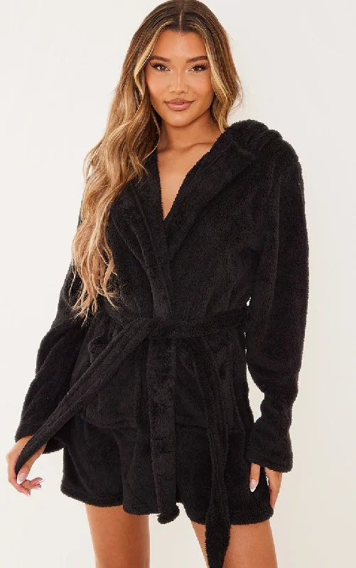 Black Fluffy Dressing Gown Women's thermal jackets