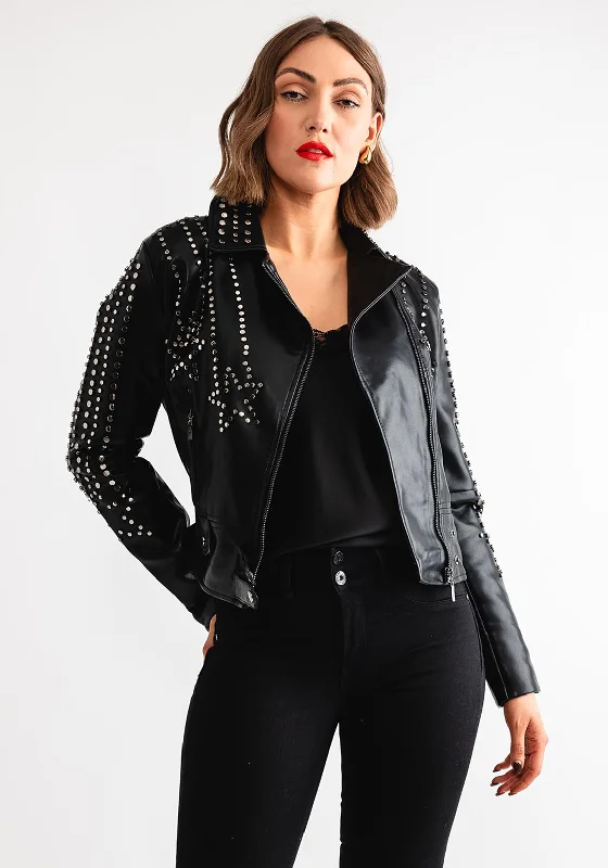 Goa Goa Studded Star Faux Leather Jacket, Black Women's windproof jackets