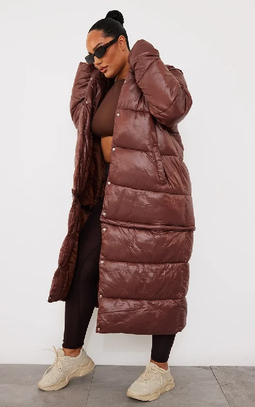 Plus Chocolate Detachable Sleeve And Hem Maxi Puffer Coat Women's premium jackets