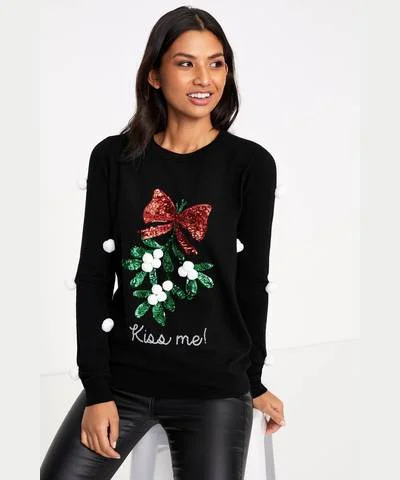 Sequin Mistletoe Sweater Black Best women's jackets for winter