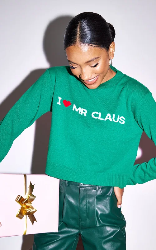 Green I Heart Mr Claus Cropped Christmas Sweater Women's date night jackets