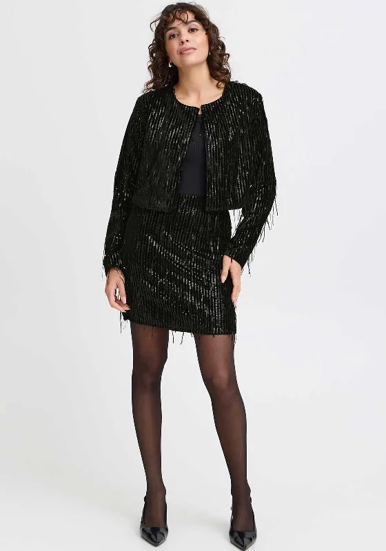 Fransa Winni Sequin Fringed Cropped Jacket, Black Women's spring jackets