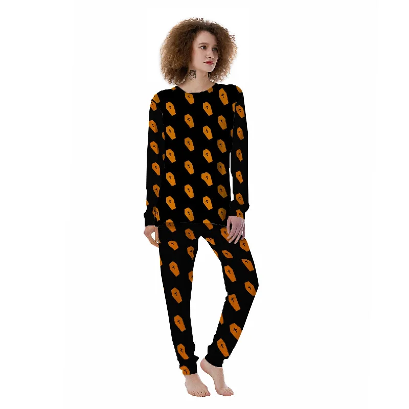 Coffin Orange Halloween Print Pattern Women's Pajamas Loungewear pajama sets