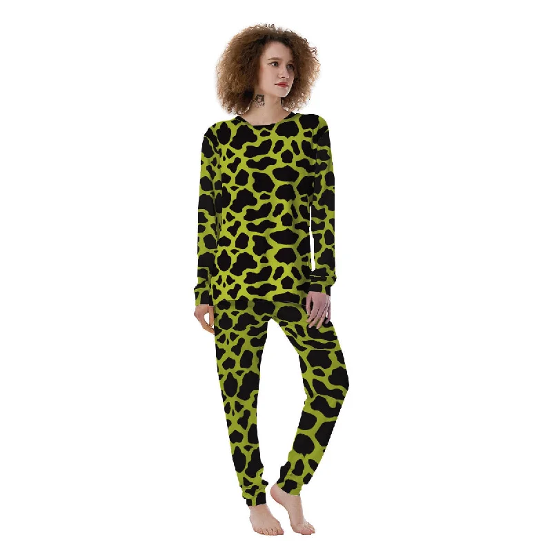 Cow Black And Lime Green Print Pattern Women's Pajamas Cozy pajama sets