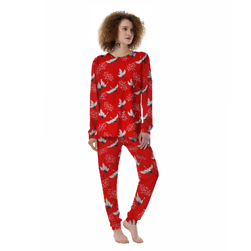 Crane Bird Japanese Print Pattern Women's Pajamas Breathable pajama sets