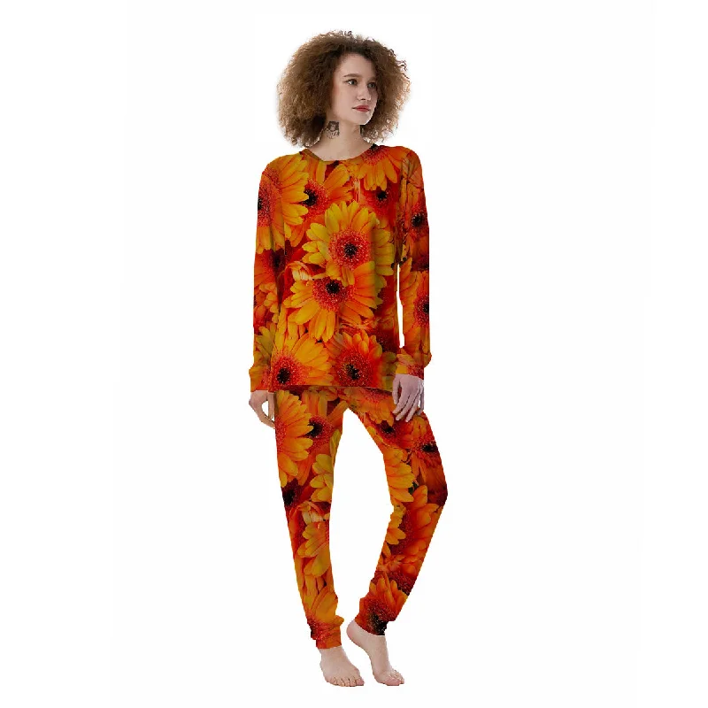 Daisy Orange Flower Print Women's Pajamas Breathable cotton pajama sets