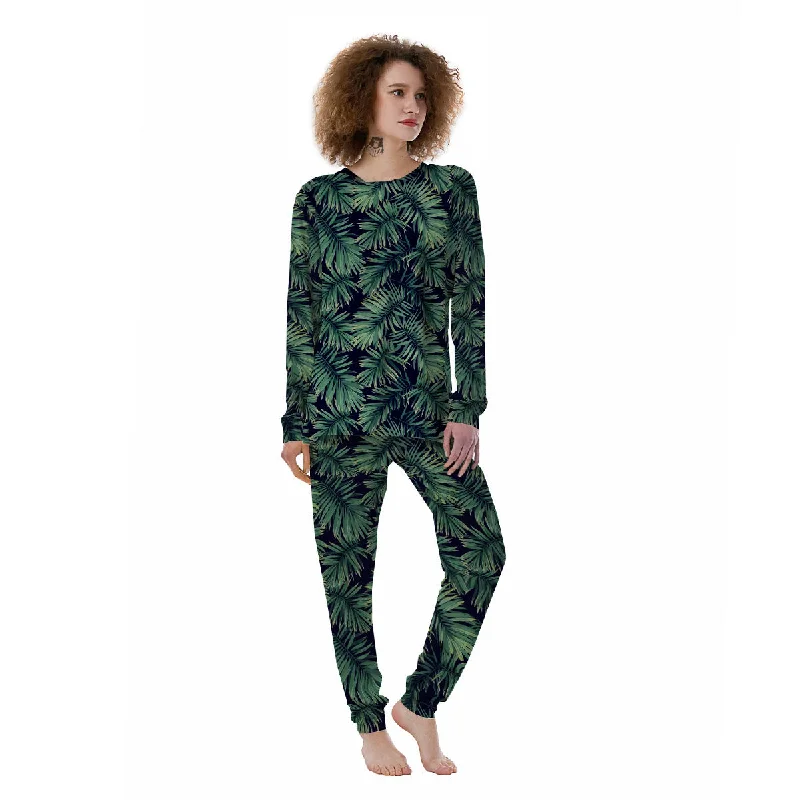 Dark Green Palm Tree Print Pattern Women's Pajamas Funny graphic pajama sets