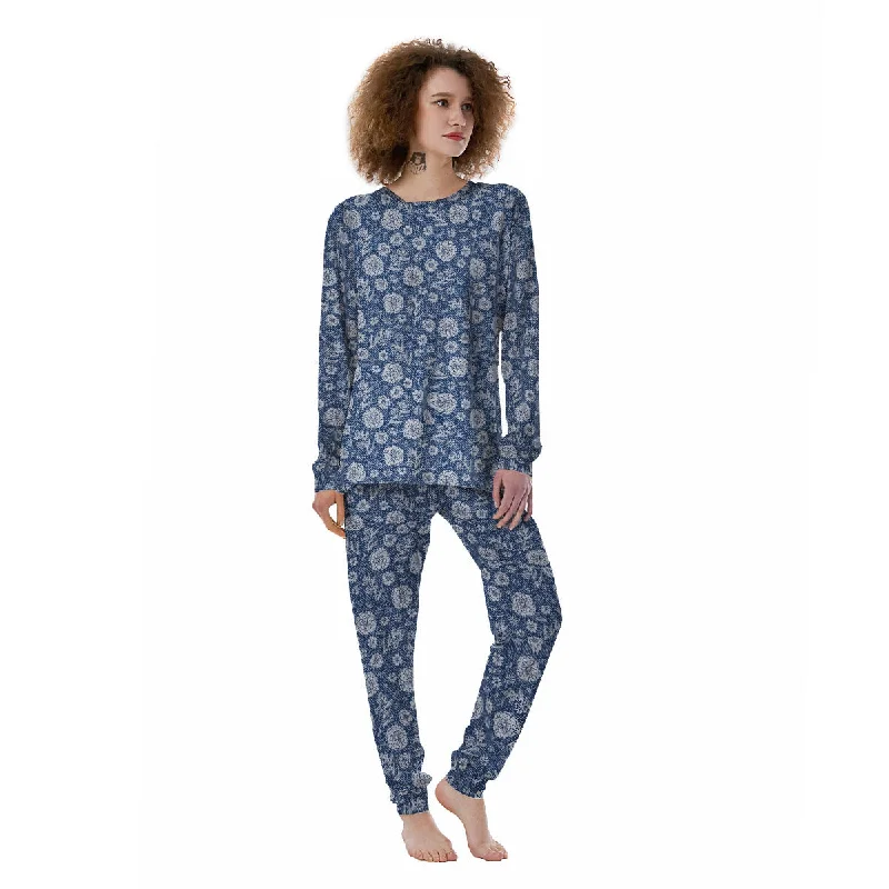 Denim Jeans Flower Print Pattern Women's Pajamas Expensive pajama sets