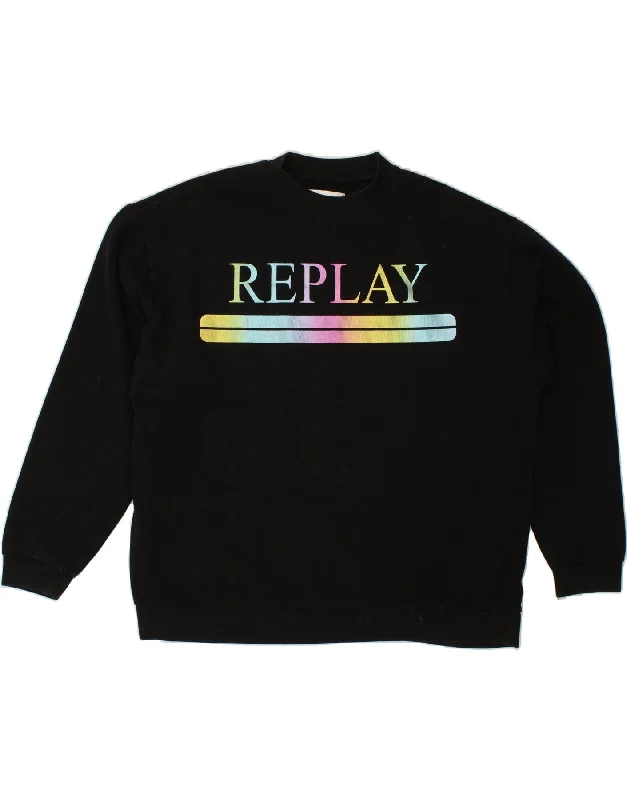 REPLAY Womens Graphic Sweatshirt Jumper UK 22 3XL Black Cotton Chunky knit sweaters