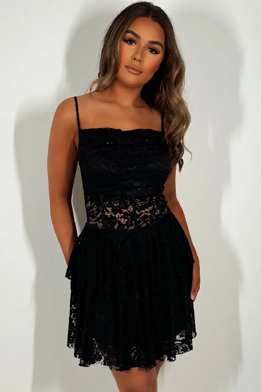 Black Frilly Ruffle Lace Dress Cocktail mini dresses