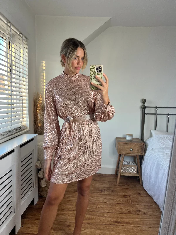 Hannah Sequin High Neck Mini Dress / Rose Gold Wedding guest mini dresses