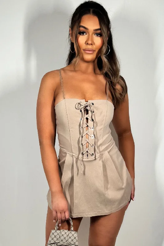 Skort Dress With Lace Up Front Beige Halter mini dresses