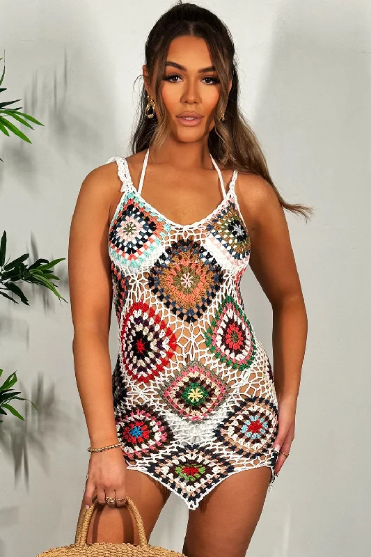 White Crochet Dress With Colourful Patch Work Y2K mini dresses