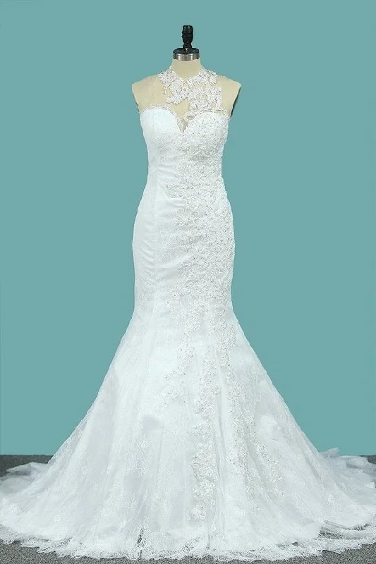 2024 Mermaid Wedding Dresses Scoop Lace With Applique P5EBY935 Classic Satin Gown