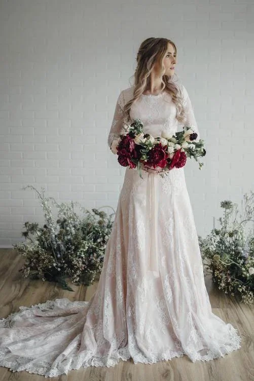 A Line Long Sleeve Lace Wedding Dress Plus Size Vintage Rustic Wedding Dress N2263 Floral Wedding Gown