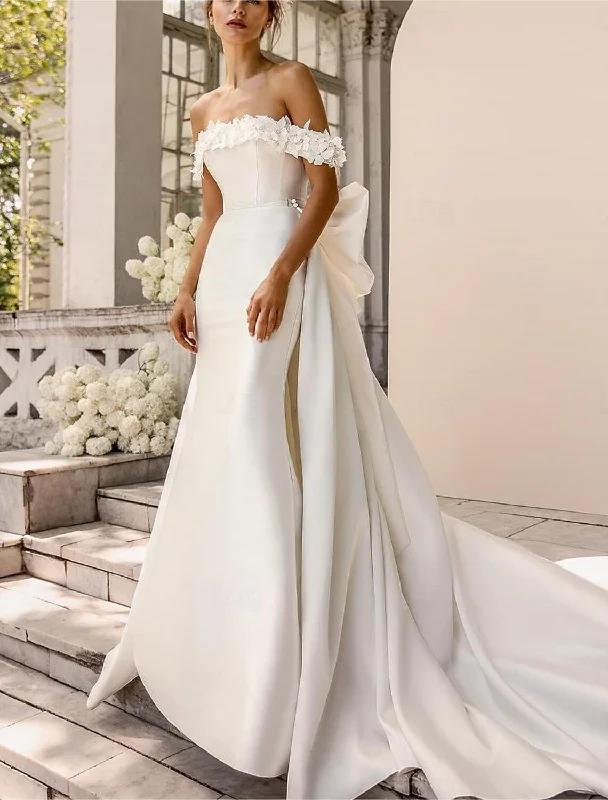 Beach Formal Wedding Dresses Two Piece Square Neck Sleeveless Sweep / Brush Train Taffeta Bridal Gowns With Bow(s) Solid Color Tiered Wedding Dress