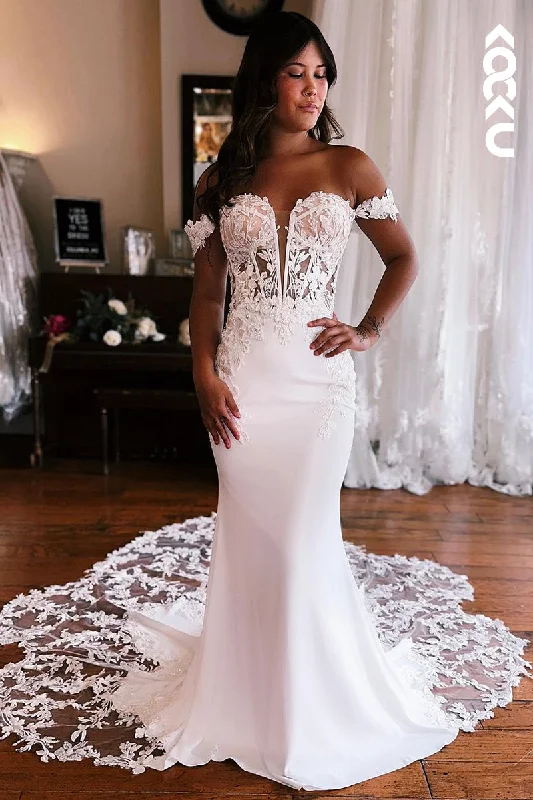 K1955 - Gorgeous & Charming Off-Shoulder Cap Sleeves Mermaid Trumpet Lace Applique Wedding Dress Lace Train Dress