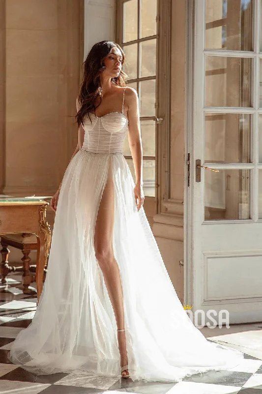 A Line Spaghetti Straps Sweetheart Pleats Bohemian Wedding Dress QW2132 Classic Bridal Dress