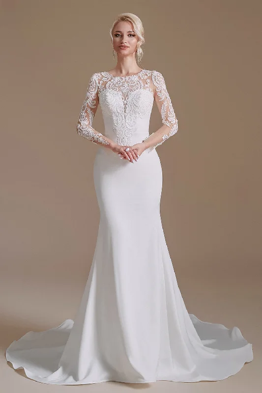 New Arrival Mermaid Long Sleeve Sweep Train Wedding Dress Boho Chic Gown