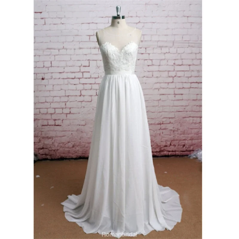 New Arrival Round Neck chiffon Lace Top Backless Wedding Dresses with train, WD0362 Simple Satin Gown