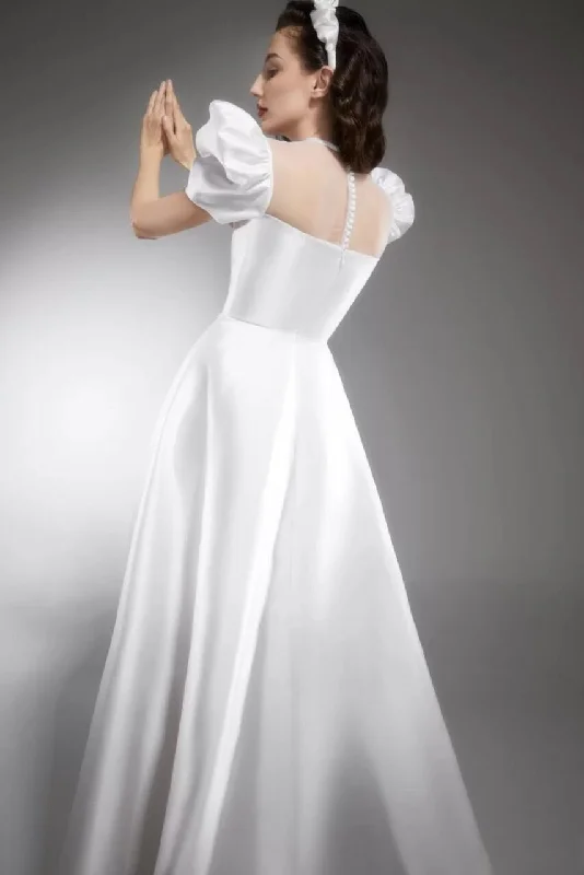 Vintage White Satin A-line Simpel Style Disney Long Wedding Dress With Puff Sleeves Y0046 Modern Lace Gown