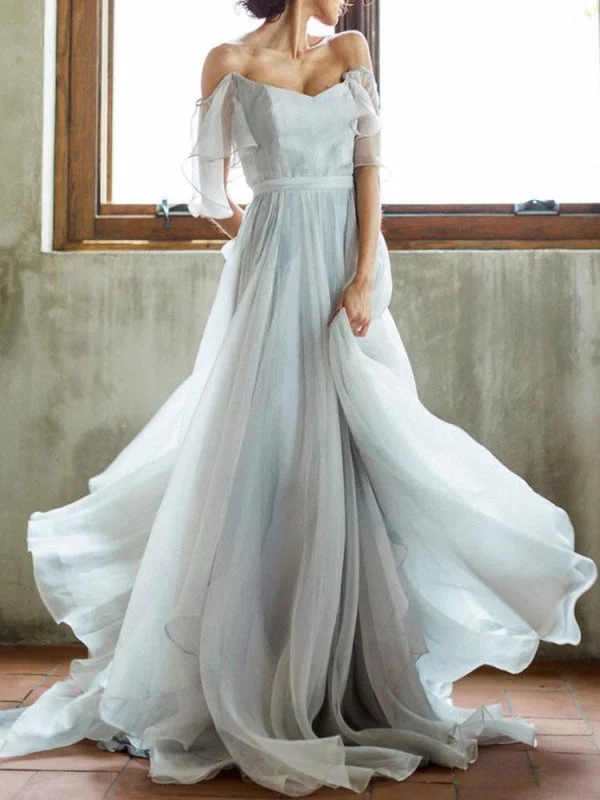 Wedding Dress A Line Off The Shoulder Sleeveless Pleated Court Train Chiffon Boho Bridal Gowns Vintage Wedding Gown