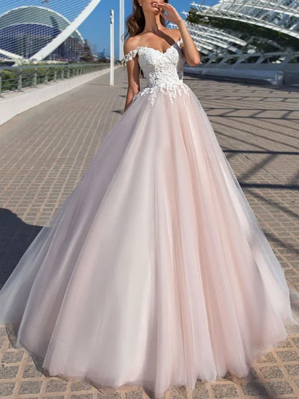 Wedding Dress Princess Silhouette Court Train Off The Shoulder Sleeveless Natural Waist Lace Tulle Bridal Gowns Soft Lace Gown