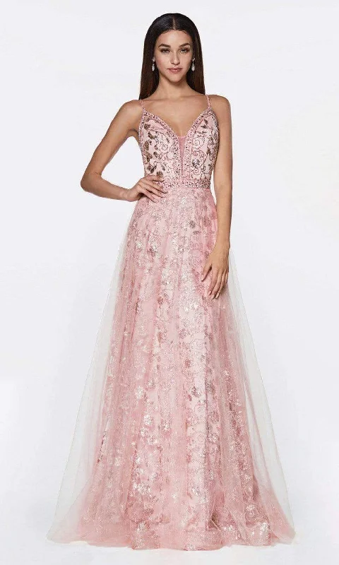 Cinderella Divine - Embroidered Plunging Neck Glitter Gown KC888 Halter party dresses