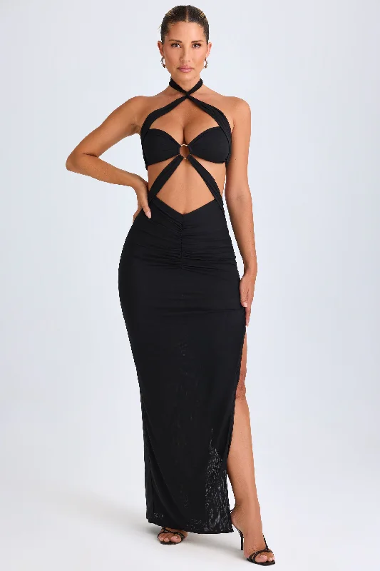 Hardware Detail Cut-Out Halterneck Maxi Dress in Black Knitted maxi dresses