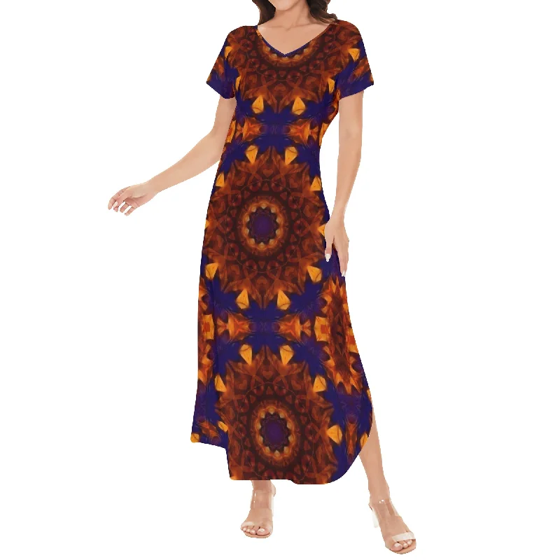 Blue Orange Kaleidoscope Womens Short Sleeve Long Draped Dress Best maxi dresses for tall women