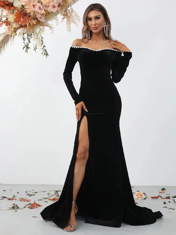 Elegant Off Shoulder Long Sleeve Slit Mermaid Dresses Edgy maxi dresses