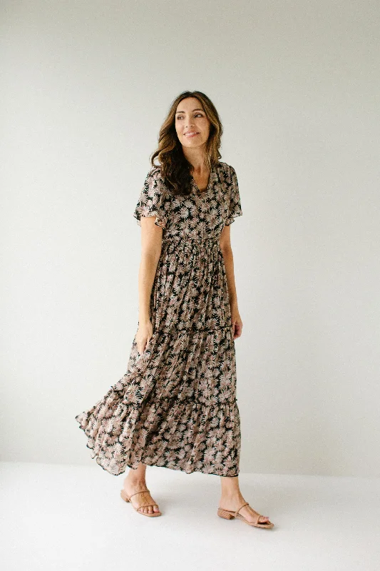 'Elizabeth' Leaf Print Tiered Maxi Dress in Black Best maxi dresses for formal events