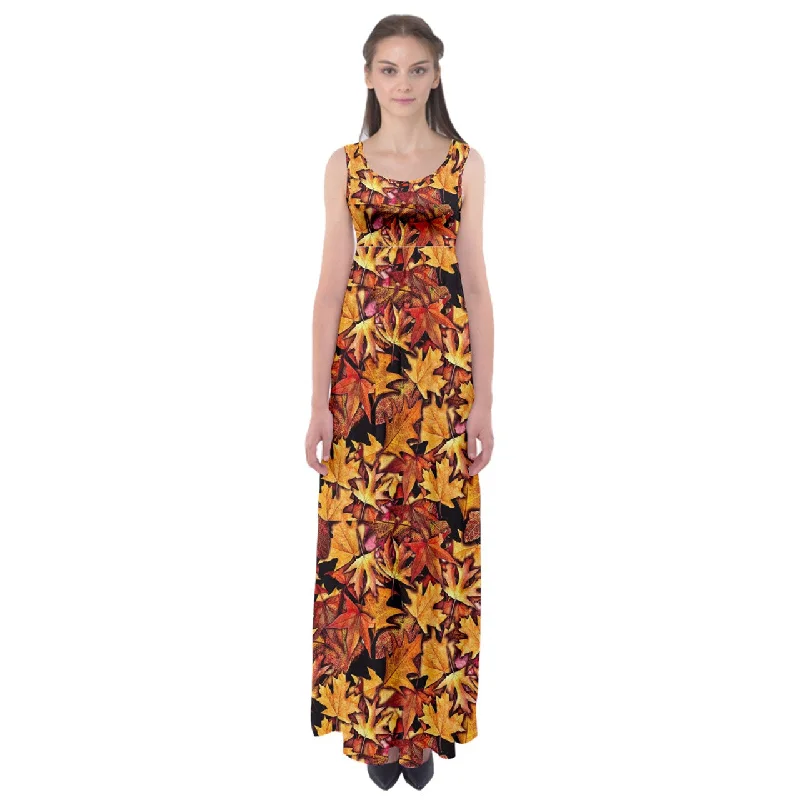 Fall Leaves Pattern Empire Waist Maxi Dress Denim maxi dresses