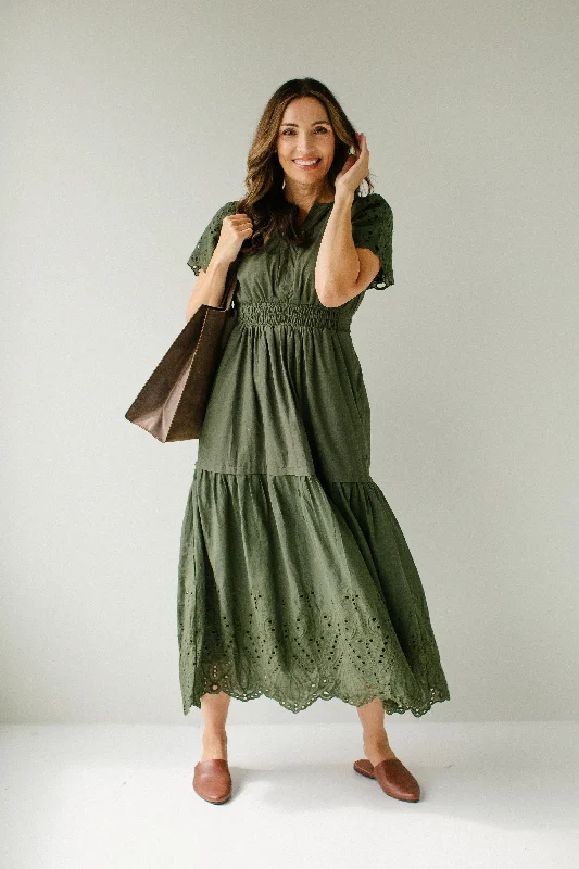 'Georgina' Eyelet Detail Smocked Waist Maxi Dress in Olive Discounted maxi dresses