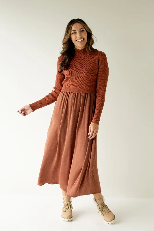 'Harriet' Muted Satin Sweater Mixed Maxi Dress in Cinnamon Best maxi dresses for curvy figures