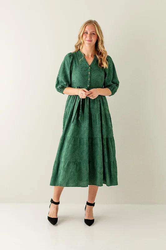 'Holly' Textured Button Front Tiered Maxi Dress in Hunter Green Cheap maxi dresses