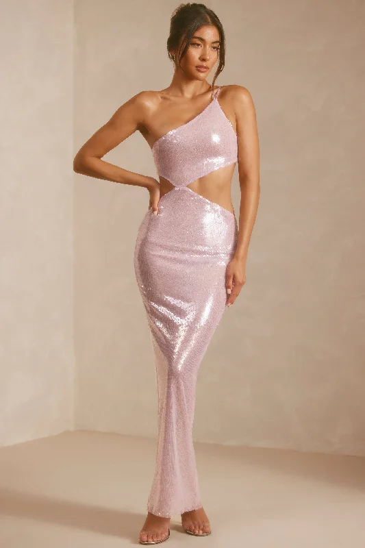 Sheer Sequin One Shoulder Cut Out Maxi Dress in Lilac Cocktail maxi dresses