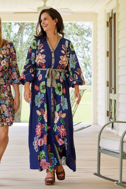 Johanna Belted Tie Maxi Dress in Navy Floral Preppy maxi dresses