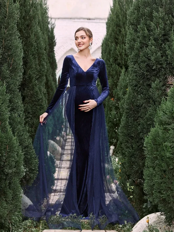 Maternity V Neck Long Sleeves Mermaid Hem Velvet Dress Best maxi dresses for plus size