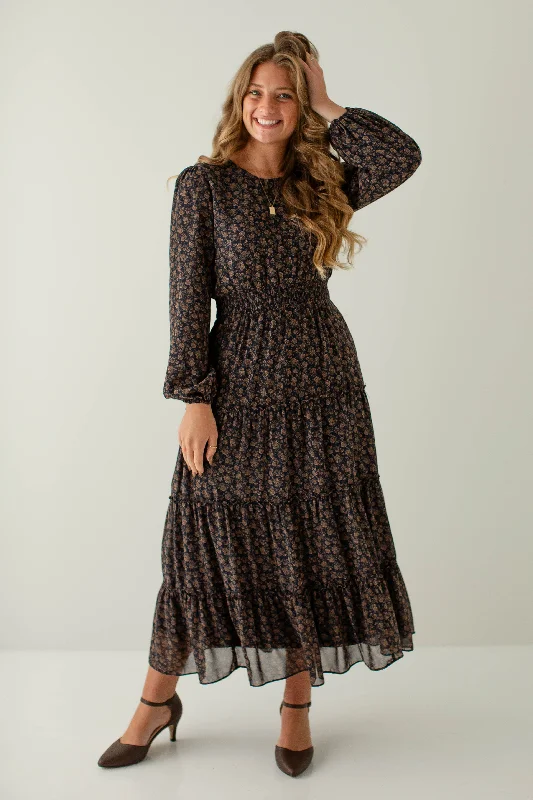 'Ophelia' Smocked Waist Floral Chiffon Maxi Dress in Navy Designer maxi dresses