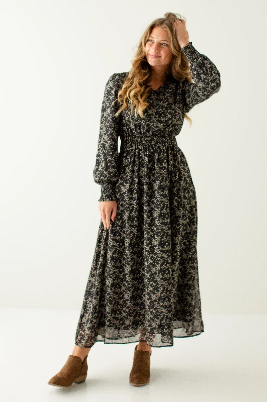 'Pamela' Smocked Detail Ditsy Floral Maxi Dress in Black Budget-friendly maxi dresses