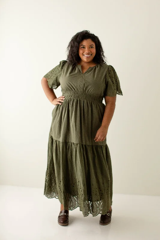 Plus 'Georgina' Eyelet Detail Smocked Waist Maxi Dress in Olive Best value maxi dresses