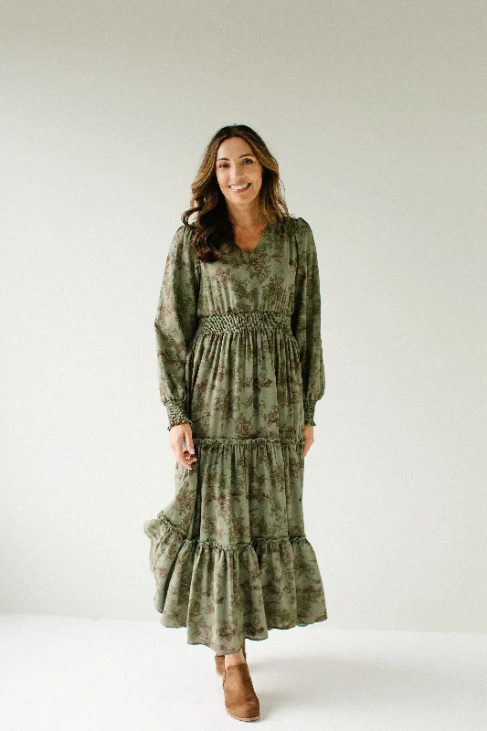 'Poetry' Abstract Floral Chiffon Maxi Dress in Oak Moss High-end maxi dresses