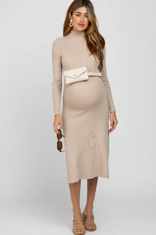 Beige Mock Neck Flared Maternity Midi Dress Clubbing midi dresses