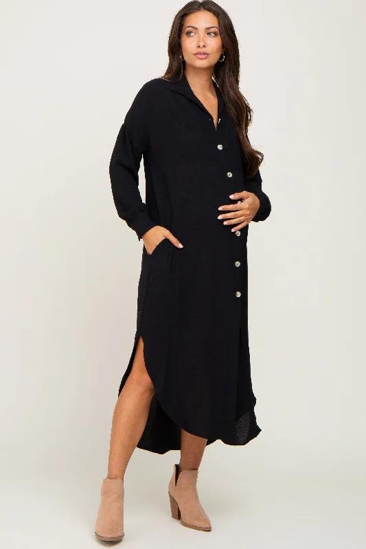 Black Button Down Front Pocket Maternity Midi Dress Sexy little black midi dresses