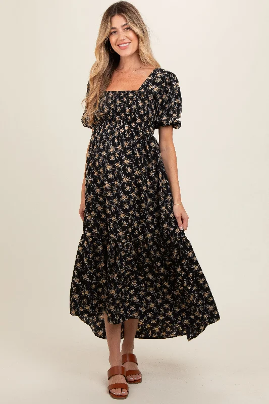 Black Floral Smocked Square Neck Short Puff Sleeve Maternity Midi Dress Sleeveless midi dresses